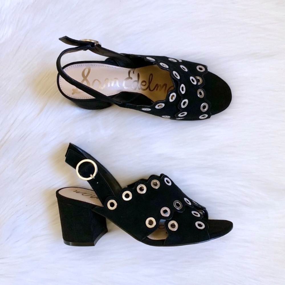 Sam Edelman Black Suede Grommet Block Heel Sandals - Picture 3 of 8